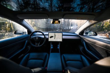 Tonsberg, Norveç - 18 Mart 2021: siyah Tesla modeli 3 Long Range çift motorlu arka planda İskandinav ormanı olan elektrikli bir otomobil..