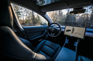 Tonsberg, Norveç - 18 Mart 2021: siyah Tesla modeli 3 Long Range çift motorlu arka planda İskandinav ormanı olan elektrikli bir otomobil..