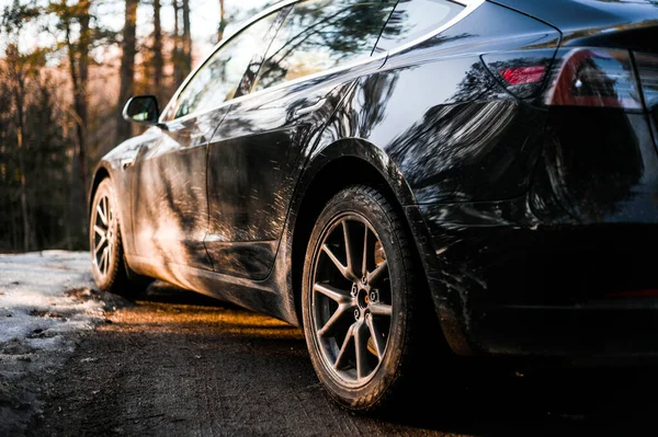 Tonsberg Norsko Března 2021 Černý Tesla Model Long Range Dual — Stock fotografie