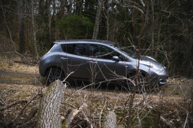 Tonsberg, Norveç - Nisan 06, 2021: Gri gri NISSAN LEAF, C segment elektrikli otomobil. Ormanda güneşli bir günde yeni bir araba.