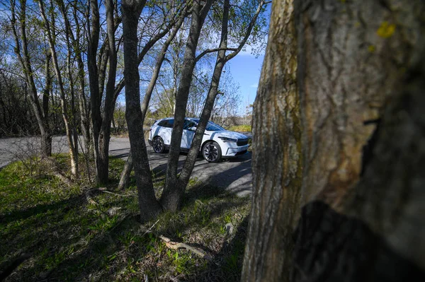 Tonsberg Norsko Května 2021 Bílá Škoda Enyaq Suv Elektrické Auto — Stock fotografie