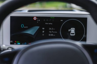Tonsberg, Norveç - 4 Temmuz 2021: suya yakın mavi gri Hyundai Ioniq elektrikli karbon.