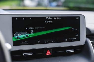 Tonsberg, Norveç - 4 Temmuz 2021: suya yakın mavi gri Hyundai Ioniq elektrikli karbon.