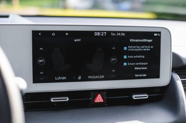 Tonsberg, Norveç - 4 Temmuz 2021: suya yakın mavi gri Hyundai Ioniq elektrikli karbon.