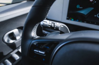 Tonsberg, Norveç - 4 Temmuz 2021: suya yakın mavi gri Hyundai Ioniq elektrikli karbon.