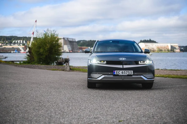 Tonsberg Norway July 2021 Blue Grey Hyundai Ioniq Electrical Car5 — стокове фото