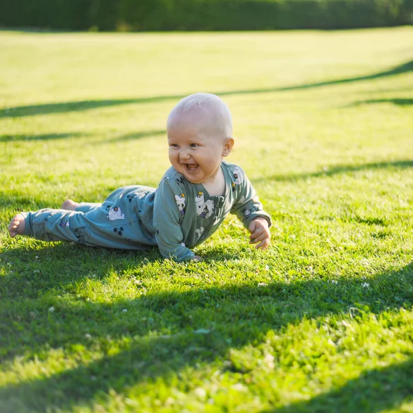 公园里可爱的男婴画像 绿绿的草坪在吊床旁边笑着 快乐的童年 — 图库照片