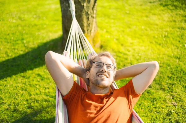 Portrait Attractive Nerd Man Glasses Park Green Lawn Have Nice — Stock Photo, Image