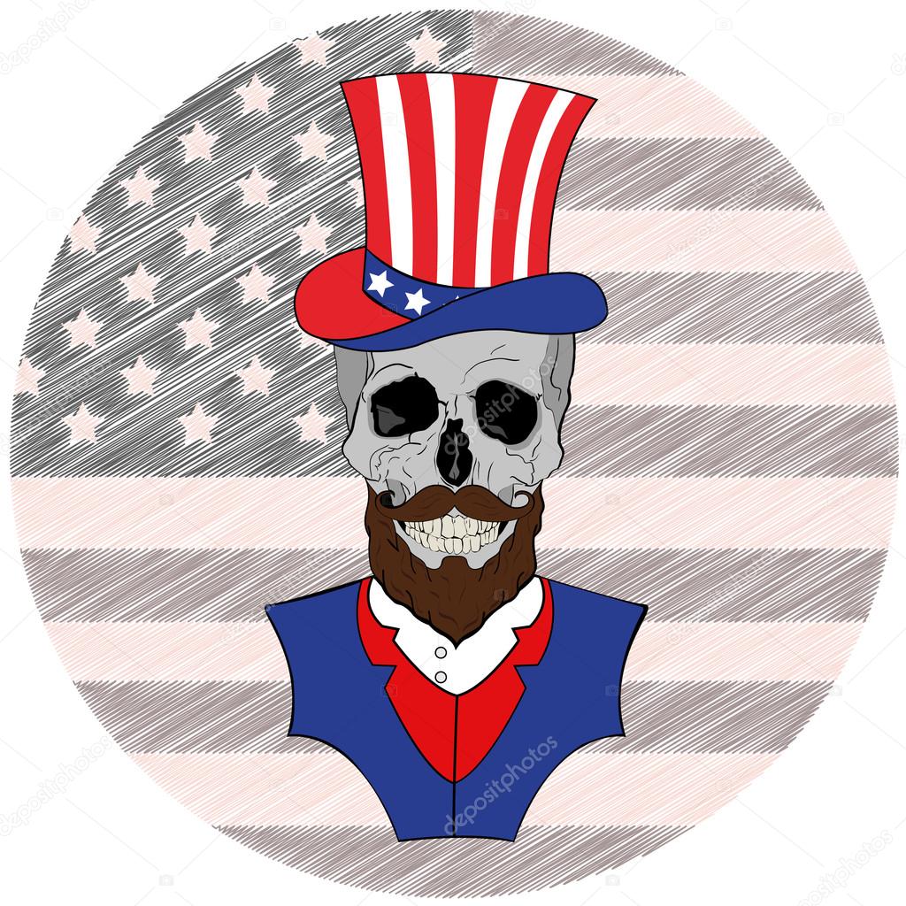 Skull with beard in  American Hat, July 4th