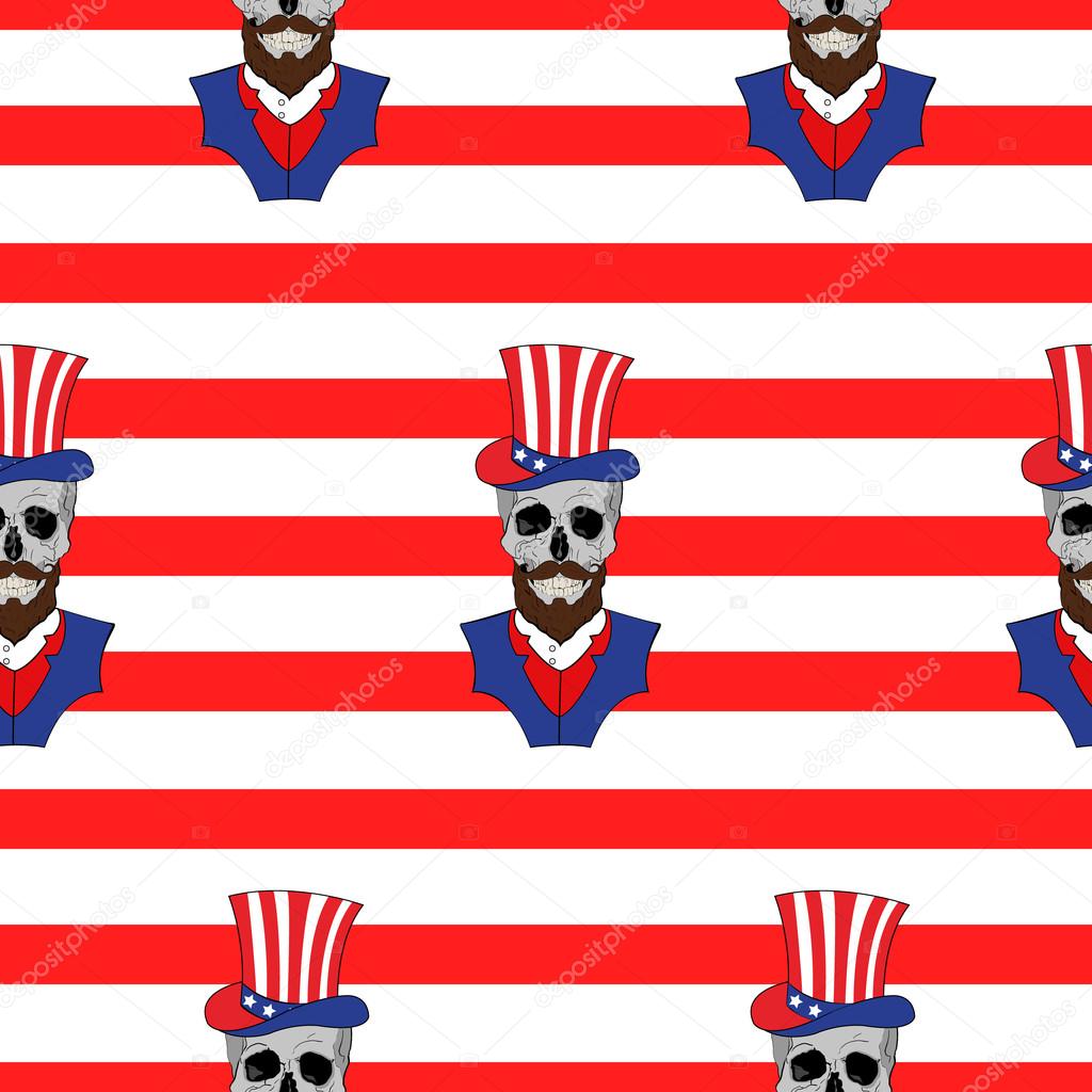 American seamless pattern with skulls with a beard in American hat