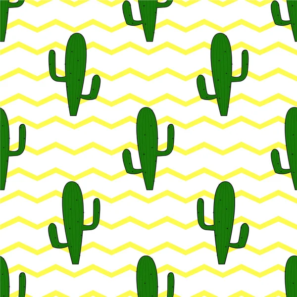 Fondo mexicano sin costuras con cactus sobre fondo de zigzag amarillo — Vector de stock