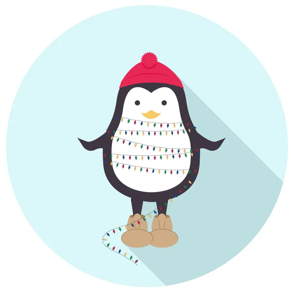 Pinguin in rode hoed met licht — Stockvector