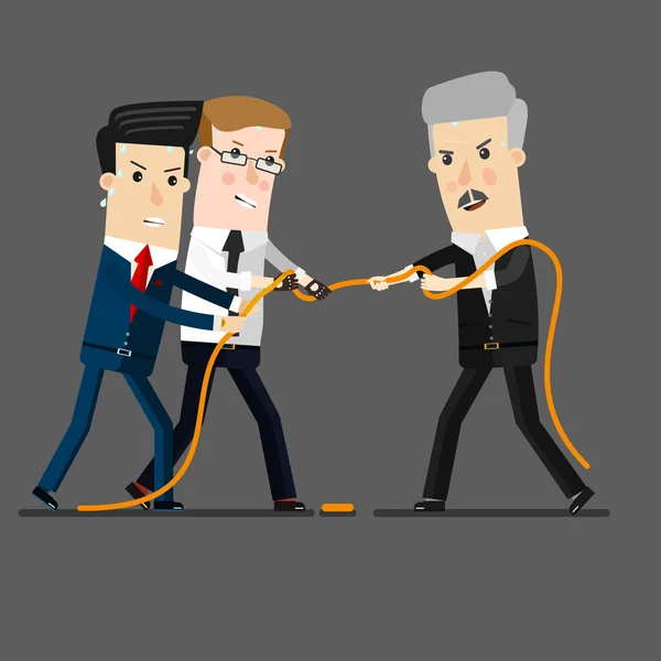 Successful and powerful businessman competing with group businessmen in a tug of war battle, for leadership or business competition.  Business concept cartoon illustration — Stock Vector