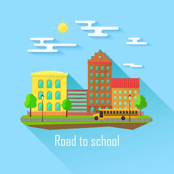 Bâtiment scolaire, bus et cour avant avec les élèves enfants. Illustration vectorielle de style plat — Image vectorielle