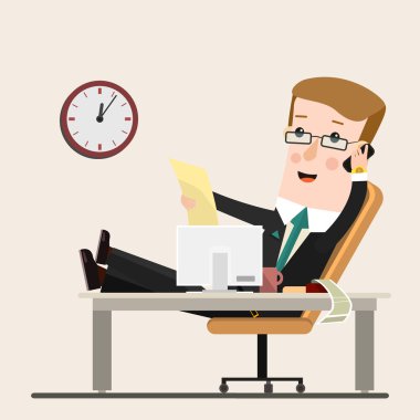 Çalışma Office, vektör çizim, düz stil iş adamı. İş kavramı çizgi film illüstrasyon