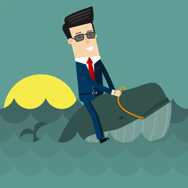 Businessman surfing on wale. Flat design business concept illustration. — Stock Vector