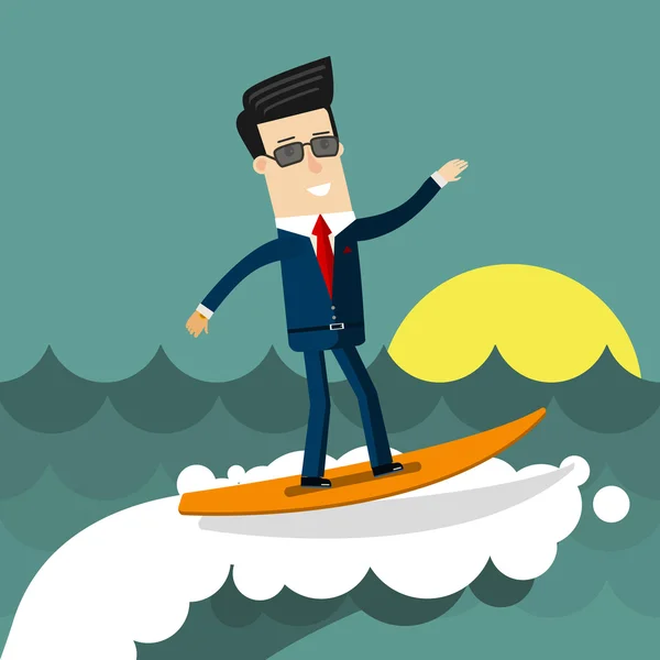 Biznesmen surfing na fali. Płaska konstrukcja biznes ilustracja koncepcja. — Wektor stockowy