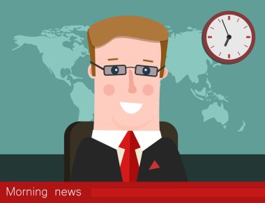 Morning news. Silhouette of a man with glasses. News announcer in the studio. clipart