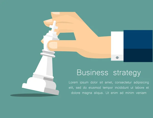 Concepto de estrategia de negocio vectorial en estilo plano, mano masculina sosteniendo figura de ajedrez - planificación y gestión — Vector de stock