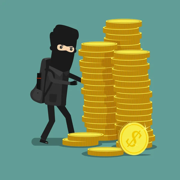 Ladrón de dibujos animados roba dinero en la máscara. Delincuencia económica — Archivo Imágenes Vectoriales