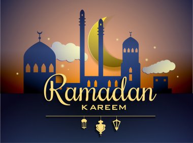 Vektör ay ve Camii yıldırım Ramazan Kareem selamlar ile koyu mor arka plan. Siluet çizimi