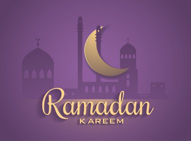Vektör ay ve Camii yıldırım Ramazan Kareem selamlar ile koyu mor arka plan. Siluet çizimi