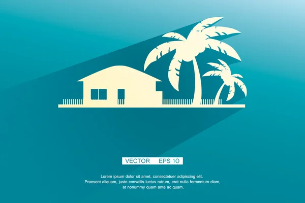 Bungalows y palmeras de estilo blanco con sombras planas sobre un fondo azul. fondo de vector — Vector de stock