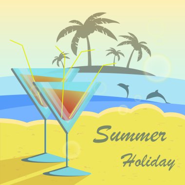 Summer holidays vector illustration set with cocktails, palms, sun, sky and sea.