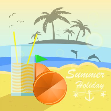 Beautiful seaside view with oranges and juice. Summer holiday vector background.