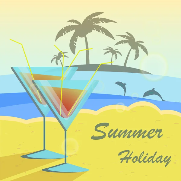 Summer holidays vector illustration set with cocktails, palms, sun, sky and sea. — Stockvector