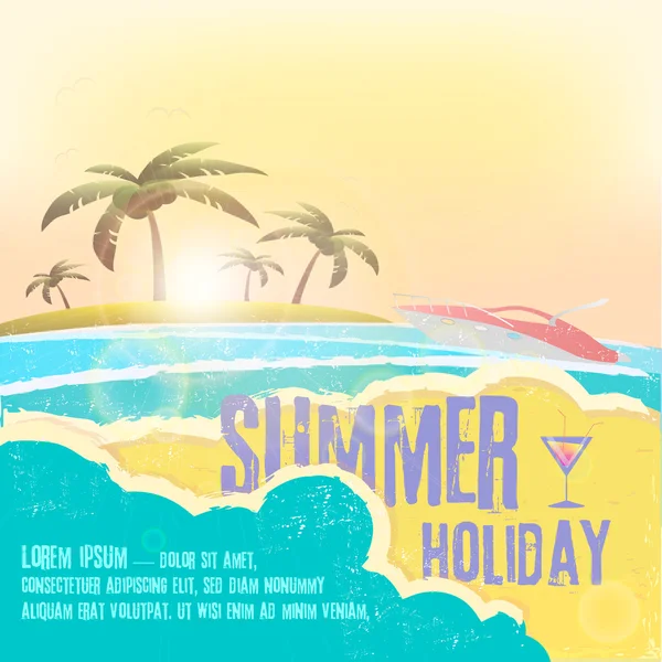 Férias de verão - design de vetor de férias de verão com citação desenhada à mão contra uma paisagem marinha —  Vetores de Stock