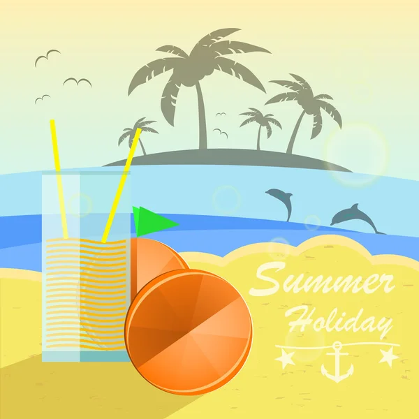 Schöner Meerblick mit Orangen und Saft. Sommerurlaub Vektor Hintergrund. — Stockvektor