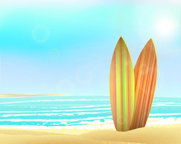 Vector holidays vintage design - surfboards on a beach against  sunny seascape