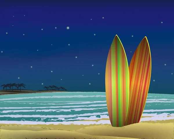 Playa con tablas de surf por la noche. vector . — Vector de stock