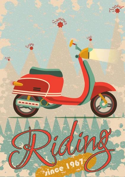 Design de cartaz retrô com ilustração de scooter vintage, texto de amostra, banner e textura grunge —  Vetores de Stock