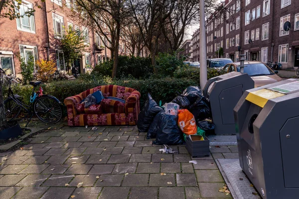 Amsterdam Netherlands October 2020 Discarded Colorful Couch Heap Garbage Piled — Stock Photo, Image