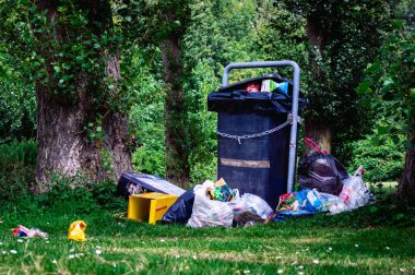 AMSTERDAM, NETHERLANDS 19 Temmuz 2020: Hollanda, Spaarnenwoude 'daki bir kamu parkında çöp konteynırının üzerinden uçtu
