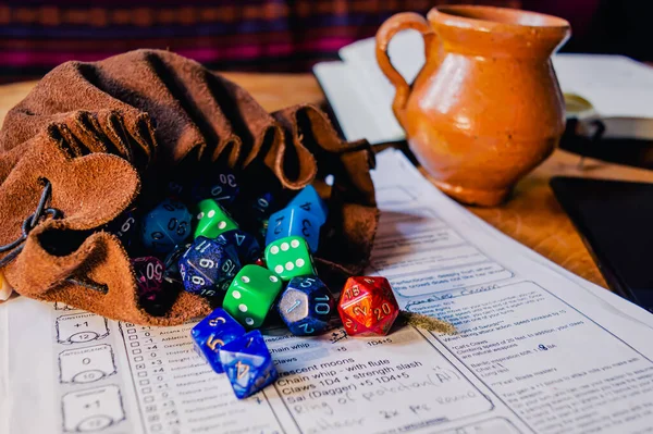 Roleplaying Dice Various Shapes Colors Spilling Out Leather Dice Bag — Stock Photo, Image