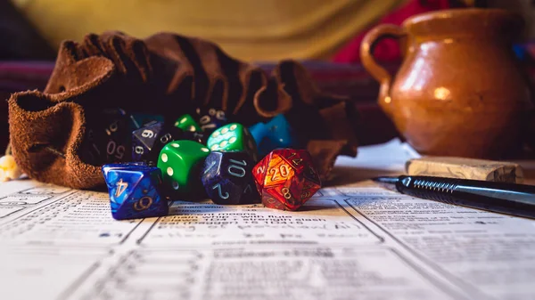 Close Image Role Playing Dice Various Shapes Colors Spilling Out — Stock Photo, Image