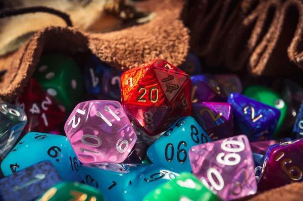 Close Image Red Marbled Sided Die Pile Various Colored Shaped — Stock Photo, Image