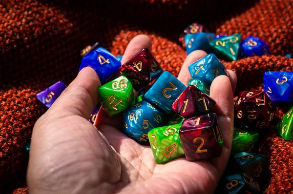 Image Hand Full Rpg Gaming Dice Warm Afternoon Sunlight — Stock Photo, Image