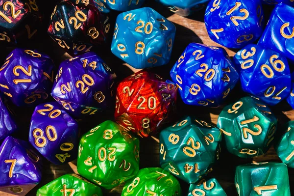 Close Overhead Image Red Marbled Sided Rpg Die Surrounded Various — Stock Photo, Image