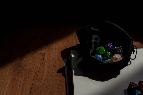 Image Dice Bag Filled Colorful Rpg Game Dice Sun Note — Stock Photo, Image