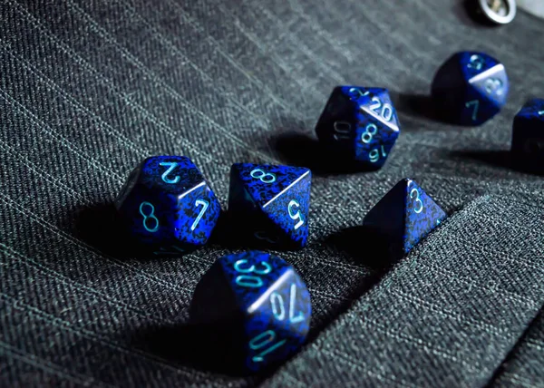 Close Set Blue Role Playing Game Dice Pinstriped Grey Vest — Stock Photo, Image