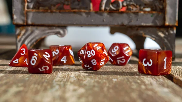 Close Set Orange Marbled Roleplaying Dice Focused Sided Dice — Stock Photo, Image
