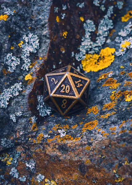 Vertical Image Sided Metallic Role Playing Game Die Rocky Surface — Stock Photo, Image