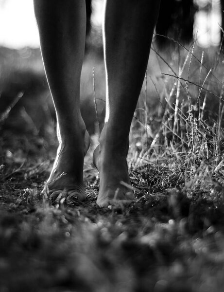 feet of a girl walking on the grass in the forest, alone with nature, black and white photo of feet barefoot