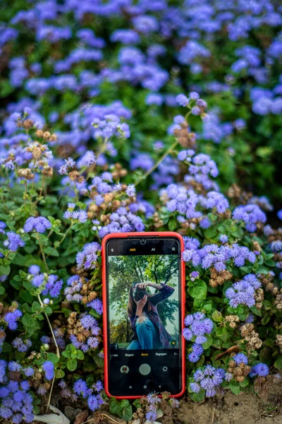 phone on a background of blue flowers with a photo of a girl with a camera, double image, photo effect, summer bloom