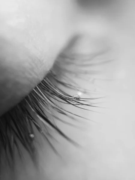 a drop of water on the eyelashes close-up, abstract image, blurry not clear photo, tears on the eyelashes