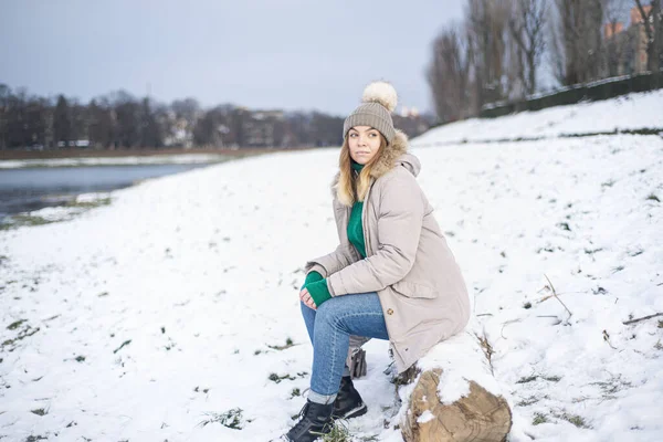 Una Ragazza Inverno Siede Ponte Una Donna Sullo Sfondo Del — Foto Stock